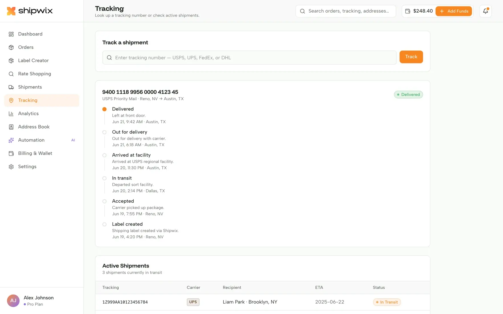Shipwix branded tracking page with custom logo and live status